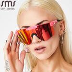 Flat Top Goggle Sun Glasses Women Men Blue Frame Mirrored Lens Windproof Sport No Polarized Sunglasses For Men/Woman UV400