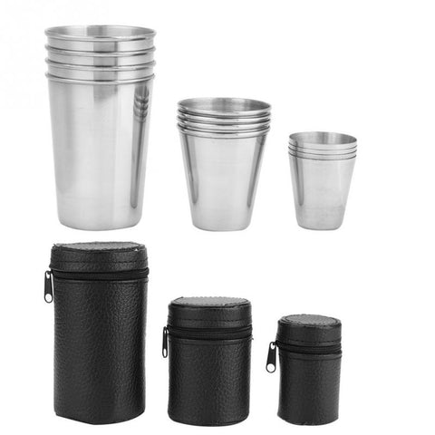 4pcs Stainless Steel Cups Portable Camping Picnic Travel Drinking Water Tea Beer Coffee Cup with Storage Bag Outdoor Tableware